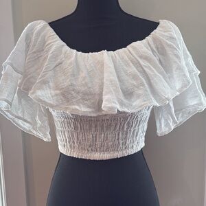 Vici ruffle Smocked off shoulder Crop Top